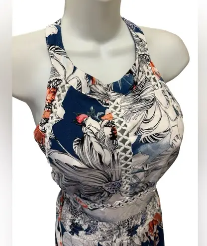 Jaase Endless Summer Magnolia Print Floral Maxi Dress Sz M Cut Out Back Crochet