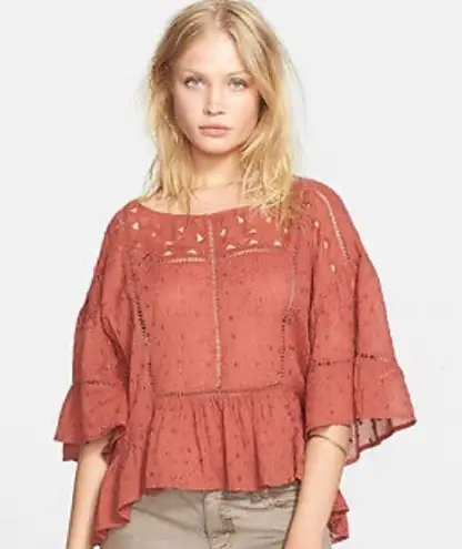 Free People  Top Babydoll Rust Beautiful Dreamer Blouse clay short sleeve flowy