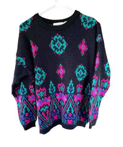 Autograph Vintage 80s Geometric Southwest Sweater Oversized Black Pink Turquoise