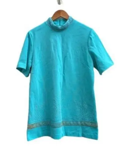 Montgomery Ward 1970's 2 Piece Turquoise Skirt Smock Blouse Set Lace Trim NOS Blue Size 16
