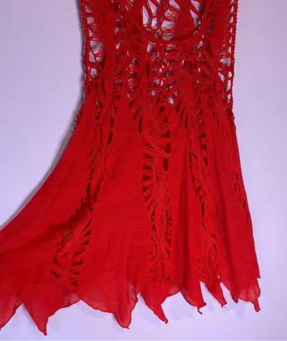 Spicy Red Open Knit Crochet Scoop Neck Rayon Tank Top Swim Cover Up Medium