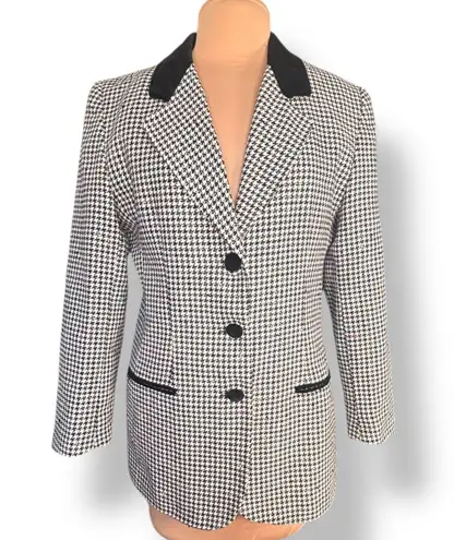 Vintage 90s Black White Houndstooth Blazer Jacket Velvet Collar Wool Blend 12