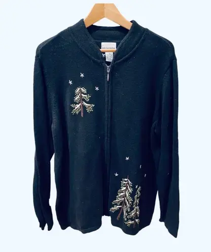 Breckenridge Vintage Christmas Sweater Cardigan Zip Trees 1X Embroidered Black Green