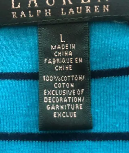 LRL Long Sleeve Crewneck pullover Striped Cotton Tee Teal L Blue Size L