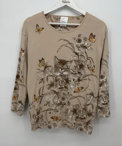 Morning Sun Beige Brown Cat 3/4 Sleeve Top Tee Cotton Kitty Kitten XL