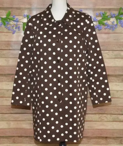 Liz Baker Ladies XL Brown Polka Dot Button Up Dress Jacket Coat Pockets Cotton