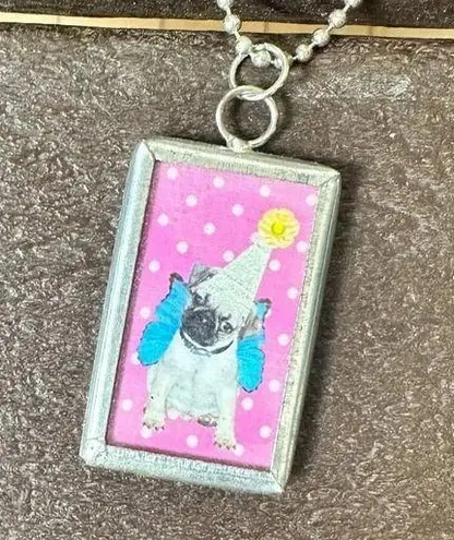 Pug in Hat Silver Frame Necklace Pendant Charm Beaded Chain