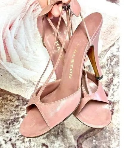 80s VTG Halston Leather Pink Strappy Slingback Pumps Heels Back Bow Italy 9N Size 9