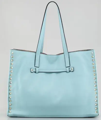 Valentino Garavani Valentino Rockstud medium light blue soft smooth leather shopping tote bag