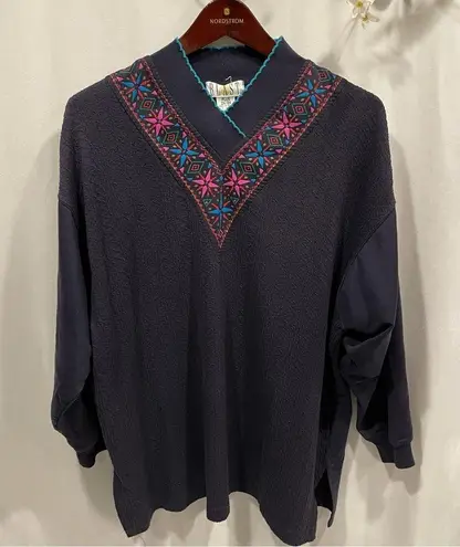 Funky 80’s oversized textured double v scallop neck sweatshirt top geometric Blue Size 2X