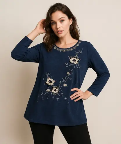 Victoria Embroidered Floral Top Blue XL/XXL Plus Size Retro Artsy Boho Classic