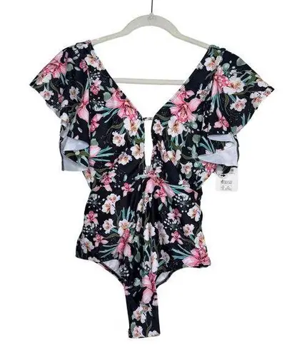 PatPat Floral Ruffle Sleeve Front Keyhole Cutout One