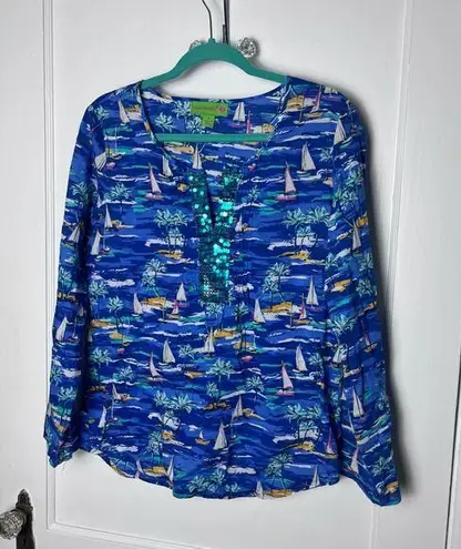 Island Republic Blue Long Sleeve Tunic Top Sail Boat Beach Ocean Glitter Size M Size M