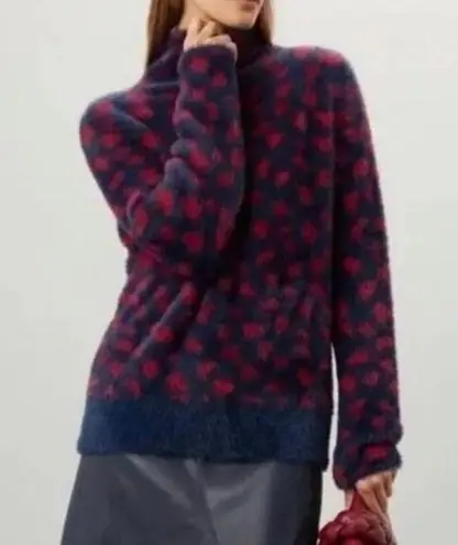 RTR Thakoon Navy Red Printed Fuzzy Mock Neck Pullover Sweater Size M soft Blue Size M