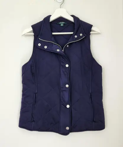 Lauren Ralph Lauren Navy Diamond Quilted Sleeveless Vest Collared Zip Front M Blue Size M