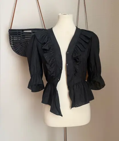 Vintage Cal Togs Black Button Down Ruffle Blouse, Size Medium