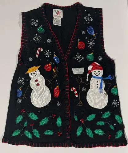 Vintage Christmas Vest Snowmen Embroidered Black Small