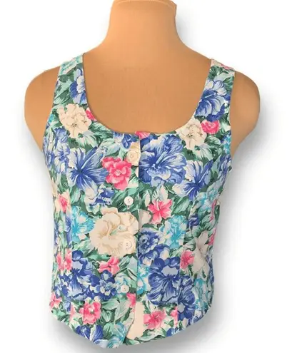 Women’s Vintage Royal Creations Tank Cropped Blue Pink Tropical Flower Scoopneck Size XL
