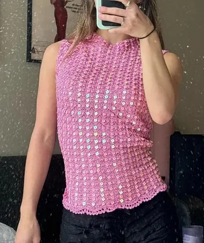 XScape Hot Pink vintage y2k viral crochet beaded bead sequin embellished tank top