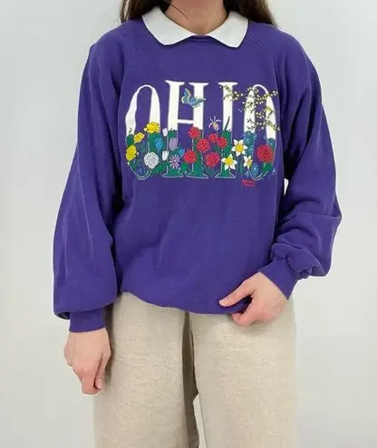vtg cottagecore oversized “Ohio” flowers graphic sweatshirt pointelle collar XL Purple