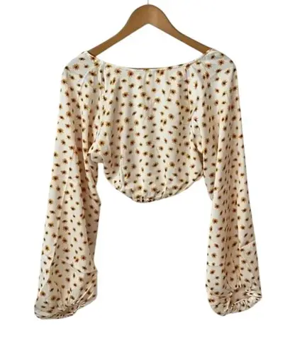 We Wore What Ditsy Daisy Flower Billow Long Sleeve Crop Top S Ivory Yellow #3557
