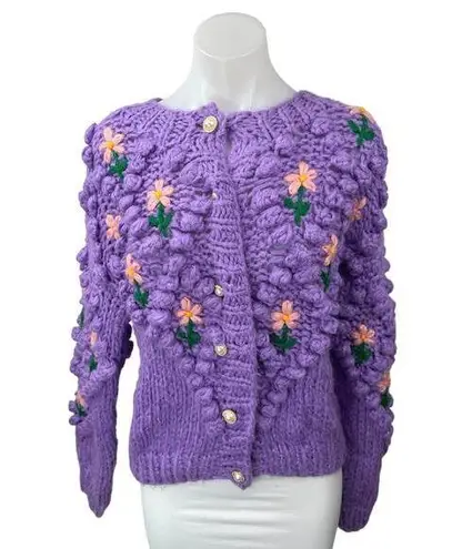Chicwish Purple Floral Crochet Knit Peasant 3D Button Up Cardigan Sweater Top S