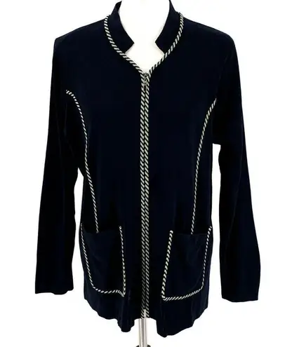 Misook Black Jacket Green Trim Knit Zip Front Blazer Career Office Work M