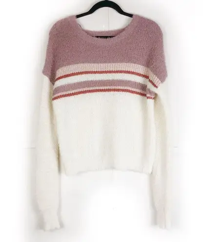 LOUNA Cream and Pink Stripe Color Block Eyelash Crew Neck Sweater Soft Large