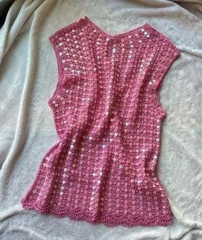 Hot Pink vintage y2k viral crochet beaded bead sequin embellished tank top Size M