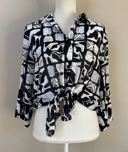 Alfred Dunner shoes purses accessories novelty print button down blouse 10 Black
