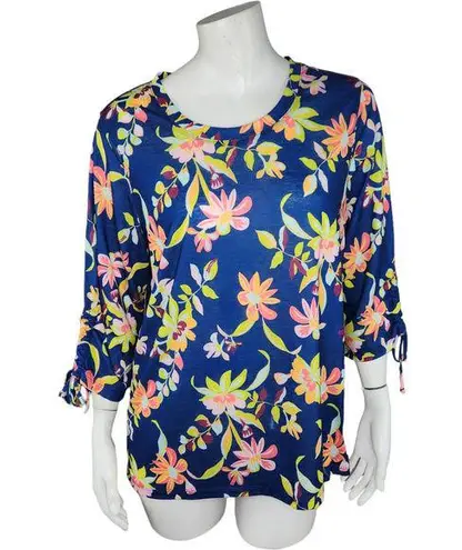 Caribbean Joe Women's Large Blue Floral Blouse 3/4 Sleeves Tie Detail NWT Cruise