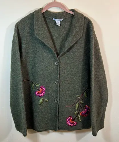 Vintage The Eagle’s Eye Women’s Green Wool Floral Embroidered Cardigan XL Boho