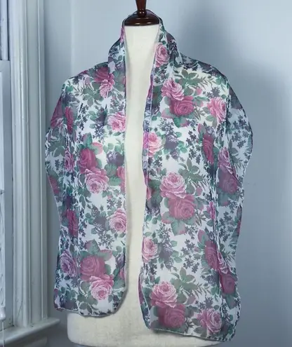 Floral Print White Sheer Scarf Pink Roses Grandmacore Cottagecore