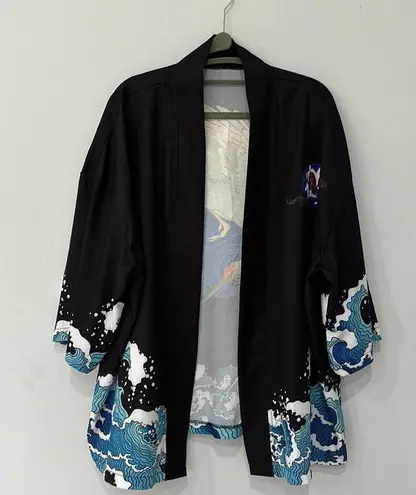 Men Wave & Crane Print Drop Shoulder Kimono Blue Size undefined