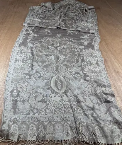 None Tan Beige Jacquard Floral Scarf Wrap Shawl Fringe 74x21 Neutral Elegant