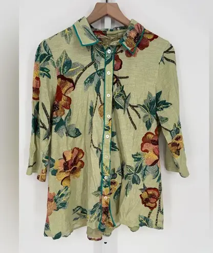 Soft Surroundings Elana Green Tropical Floral Button Tunic Top Size PL