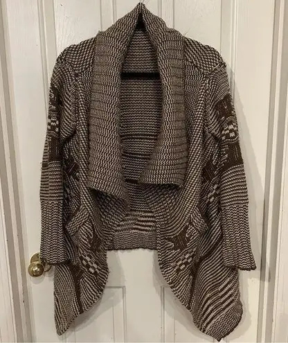 Love Stitch Cardigan Size Medium Open Draped Front Brown Wool Blend Boho Aztec