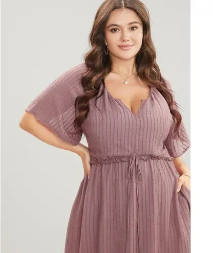 Bloomchic Solid Striped Notched Ties Up Pocket Flutter Maxi Dress Pink 18