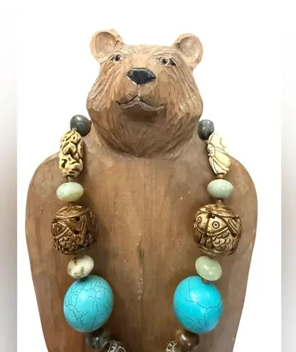 None Handcrafted Turquoise and Brown Beaded Necklace beautiful hand carved beads