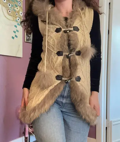 Fur Trim Linda Richards Luxury Beige Womens Collar Cable Knit Sweater Vest Sz XS Tan