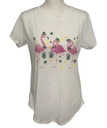 Jantzen St Patrick’s Day Irish Flamingos Novelty Print White Tshirt NWOT