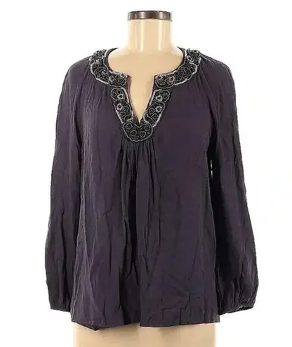 Boden Deep Violet Puff Long Sleeve Blouse Beaded Embellishments Collar Size 8 M Purple