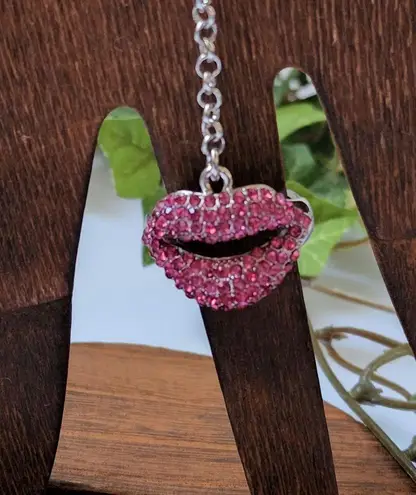 Silver Red Crystal Lips Hinge / Clamper Bracelet with Attached Ring