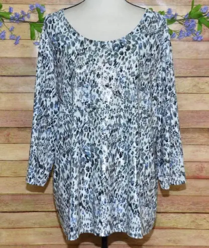 Rebecca Malone Women's Metallic Animal Print Thin Knit Top 1X 3/4 Sleeve Stretch