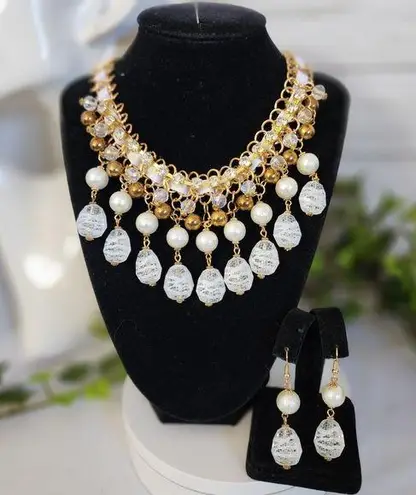 Gold Mixed Media Statement Necklace and Earrings Set