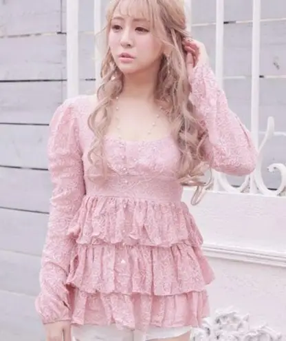 Japanese Kawaii Pastel Peach Pink Cottage Lace Ruffle Layered Tiered Blouse Top Size XS