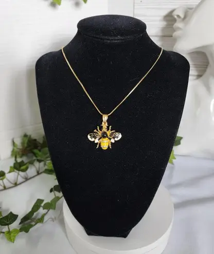 Gold Bee Enamel and CZ Pendant with Gold Steel Chain Necklace New