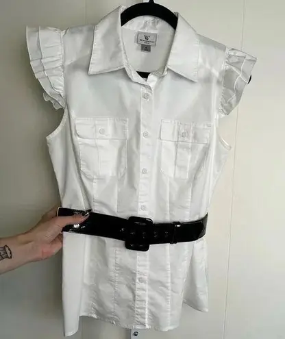 Worthington  White Button Up Short Sleeve Ruffle Blouse With Black Belt Size M