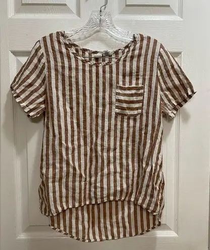 Artisan NY Top Stripe 100% Linen Cap Sleeve Pocket Detail Size Small