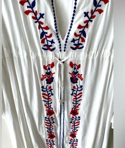 Boho Embroidered Tunic Dress OS/L Floral Plunge Neck Tunic Swim Coverup Kaftan White Size L